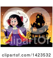 Poster, Art Print Of Witch Girl Near A Haunted House Against A Full Moon With Bats