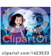 Poster, Art Print Of Witch Girl Near A Haunted House Against A Full Moon With Flying Bats