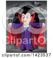 Poster, Art Print Of Dracula Vampire Holding His Cape Open With Bats In A Hallway