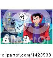 Poster, Art Print Of Vampire With Ghosts In A Cemetery Near A Haunted House