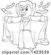 Poster, Art Print Of Black And White Lineart Dracula Vampire Holding His Cape Open With Bats