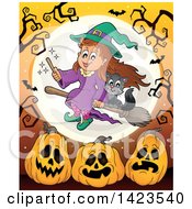 Poster, Art Print Of Cute Witch Girl Flying With A Cat Over A Full Moon With Bats Bare Tree Branches And Halloween Pumpkins Over Orange