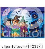 Poster, Art Print Of Bat Over Witches And A Cat Making A Potion Near A Haunted House