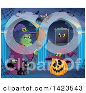 Clipart Of A Green Witch Walking With A Cat Towards A Halloween Jackolantern Pumpkin In A Hallway With Bats Royalty Free Vector Illustration by visekart