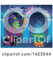 Clipart Of A Green Witch Walking With A Cat Towards A Cauldron In A Hallway With Bats Royalty Free Vector Illustration by visekart