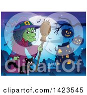 Clipart Of A Green Witch And Cat Walking Near A Haunted House Against A Full Moon Royalty Free Vector Illustration by visekart