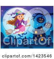 Poster, Art Print Of Cute Witch Girl Holding A Wand And Flying Near A Haunted House