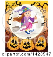 Poster, Art Print Of Cute Witch Girl Flying Over A Full Moon With Bats Bare Tree Branches And Halloween Pumpkins Over Orange