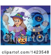 Poster, Art Print Of Cute Witch Girl Trick Or Treating With Her Cat Near A Haunted House