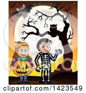 Poster, Art Print Of Boy And Girl Trick Or Treating In Pumpkin And Skeleton Witch Costumes Standing Against A Full Moon With Bats And An Owl In A Tree