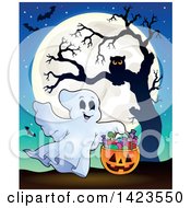 Poster, Art Print Of Full Moon With A Ghost Trick Or Treating Bats And An Owl In A Tree