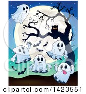 Poster, Art Print Of Full Moon With Ghosts Bats And An Owl In A Tree