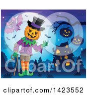 Poster, Art Print Of Halloween Pumpkin Headed Man Waving Against A Full Moon With Bats Near A Haunted House