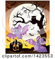 Poster, Art Print Of Full Moon With A Halloween Pumpkin Bats And Owl In A Bare Tree