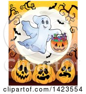 Poster, Art Print Of Full Moon With A Trick Or Treating Ghost Over Halloween Pumpkins With Branches And Btas