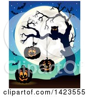 Poster, Art Print Of Full Moon With Halloween Pumpkins Bats And Owl In A Bare Tree