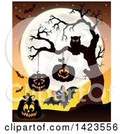 Poster, Art Print Of Full Moon With Halloween Jackolantern Pumpkins Bats And Owl In A Bare Tree