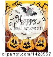 Poster, Art Print Of Full Moon With Flying Bats Happy Halloween Text Branches And Jackolantern Pumpkins
