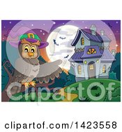 Witch Owl Perched On A Branch Pointing To A Haunted House With A Full Moon And Bats