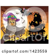 Witch Owl Perched On A Branch Pointing To A Haunted House With A Full Moon And Bats At Sunset