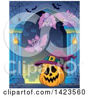 Poster, Art Print Of Halloween Jackolantern Pumpkin Wearing A Witch Hat In A Hallway With Bats
