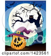Poster, Art Print Of Full Moon With A Halloween Pumpkin Wearing A Witch Hat Bats And Owl In A Bare Tree