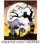 Poster, Art Print Of Halloween Witch Cat Against A Full Moon With A Spider Bats And Owl In A Tree