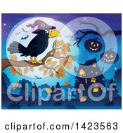 Poster, Art Print Of Crow Wearing A Witch Hat Perched On An Autumn Tree Branch Against A Full Moon With Bats Halloween Pumpkins And A Haunted House