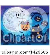 Poster, Art Print Of Full Moon With A Trick Or Treating Ghost Haunted House And Bats