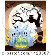 Clipart Of A Full Moon With Ghosts Making A Potion In A Cauldron Bats And An Owl In A Tree Royalty Free Vector Illustration