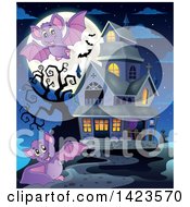 Poster, Art Print Of Full Moon With Flying Bats And A Haunted House