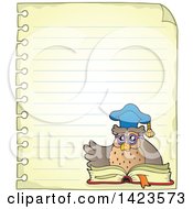 Clipart Of A Ruled Sheet Of Spiral Notebook Paper With A Professor Owl Reading A Book Royalty Free Vector Illustration