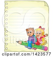 Clipart Of A Ruled Sheet Of Spiral Notebook Paper With School Children Flying On A Pencil Royalty Free Vector Illustration
