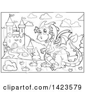 Clipart Of A Black And White Lineart Dragon By A Castle Royalty Free Vector Illustration