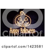 Poster, Art Print Of Happy Halloween Sparkly Lights Greeting Over A Full Moon And 3d Bare Tree Branches