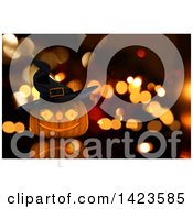 Poster, Art Print Of 3d Halloween Jackolantern Pumpkin Wearing A Witch Hat Over Blurred Lights