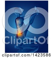 Clipart Of A 3d Anatomical Woman Kneeling And Stretching On The Floor With Visible Glowing Spine On Blue Royalty Free Illustration