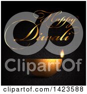 Poster, Art Print Of Happy Diwali Text With A Gold Oil Lamp On Patterned Black