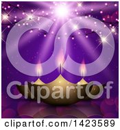 Diwali Oil Lamps Under Hanging Lights And Rays On Purple