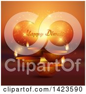 Happy Diwali Text With Oil Lamps On Magic Flares And Orange