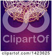 Clipart Of A Beautiful Ornate Golden Design Over A Purple Pattern Royalty Free Vector Illustration