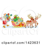 Poster, Art Print Of Cartoon Reindeer Waiting As Santa Loads His Sleigh With Christmas Gifts