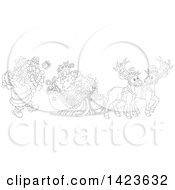 Poster, Art Print Of Cartoon Black And White Lineart Reindeer Waiting As Santa Loads His Sleigh With Christmas Gifts