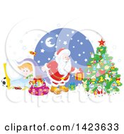 Poster, Art Print Of Giggling Caucasian Boy Under A Blanket As Santa Sets Gifts Under A Christmas Tree