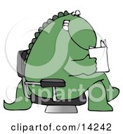 Grinning Green Dinosaur Sitting Cross Legged In A Chair In A Lobby And Reading A Book Or Brochure