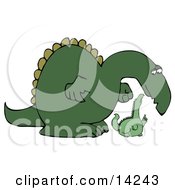 Big Green Dinosaur Bending Down To Listen To A Small Dino Clipart Illustration