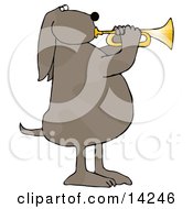 Poster, Art Print Of Musical Brown Spotted Dog Standing On His Hind Legs And Blowing While Playing A Golden Trumpet