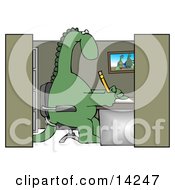 Green Dinosaur Sitting In A Chair At A Desk In An Employee Office Cubicle And Working