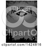 Poster, Art Print Of Border Of Black Silhouetted Branches Grunge A Cemetery And Vampire Bats Over Gray Text Space With A Full Moon And Halloween 31 October 2016 Text