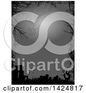 Poster, Art Print Of Halloween Border Of Black Silhouetted Branches Grunge A Cemetery And Vampire Bats Over Gray Text Space With A Full Moon